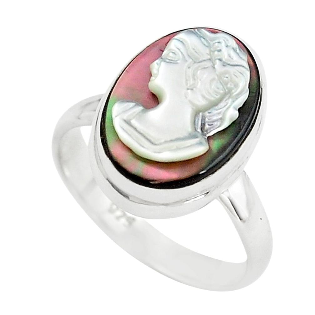 5.64cts lady face natural titanium cameo on shell 925 silver ring size 7 p80155