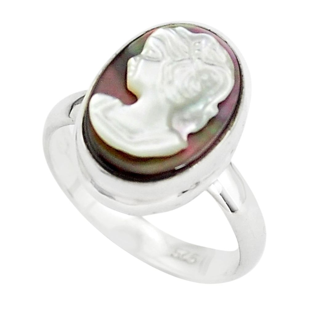 5.99cts lady face natural titanium cameo on shell 925 silver ring size 7 p80158