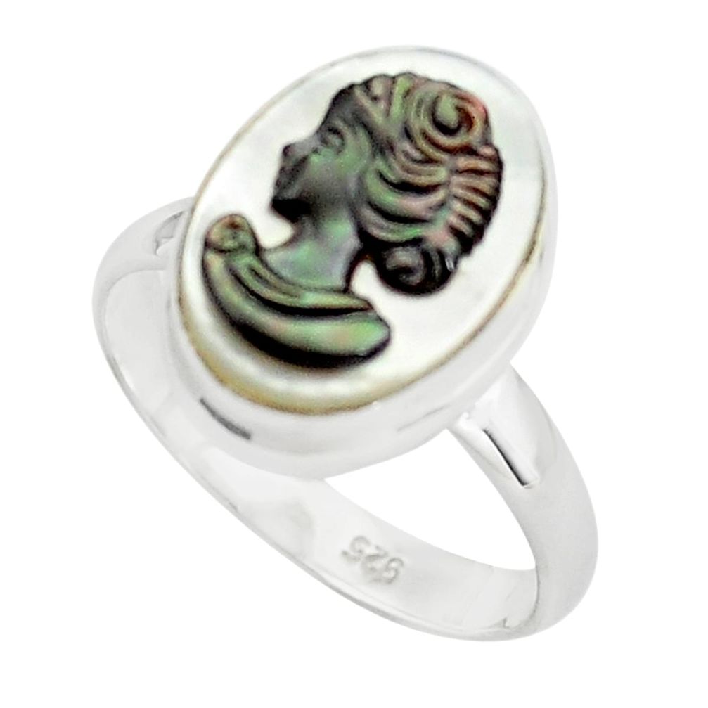 6.01cts lady face natural titanium cameo on shell 925 silver ring size 8 p80160