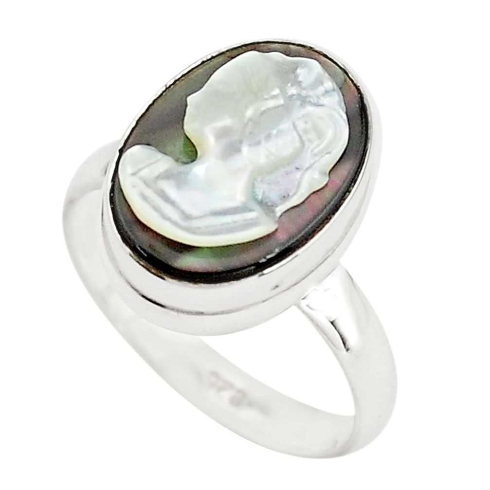 5.64cts lady face natural titanium cameo on shell 925 silver ring size 7 p80162