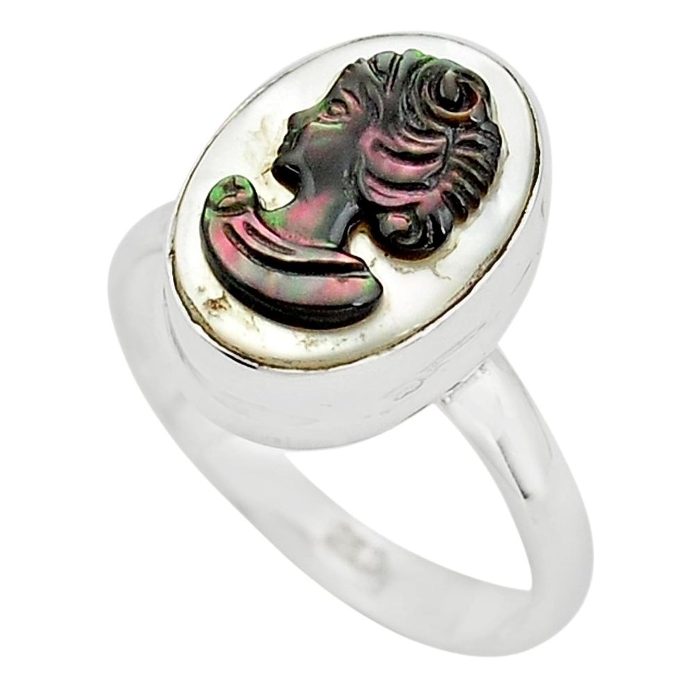 5.96cts lady face natural titanium cameo on shell 925 silver ring size 9 p80169