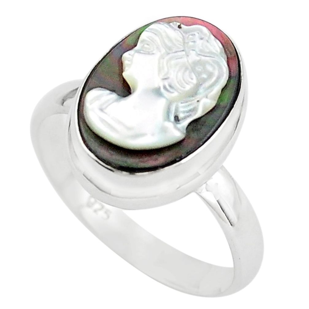 5.96cts lady face natural titanium cameo on shell 925 silver ring size 9 p80174