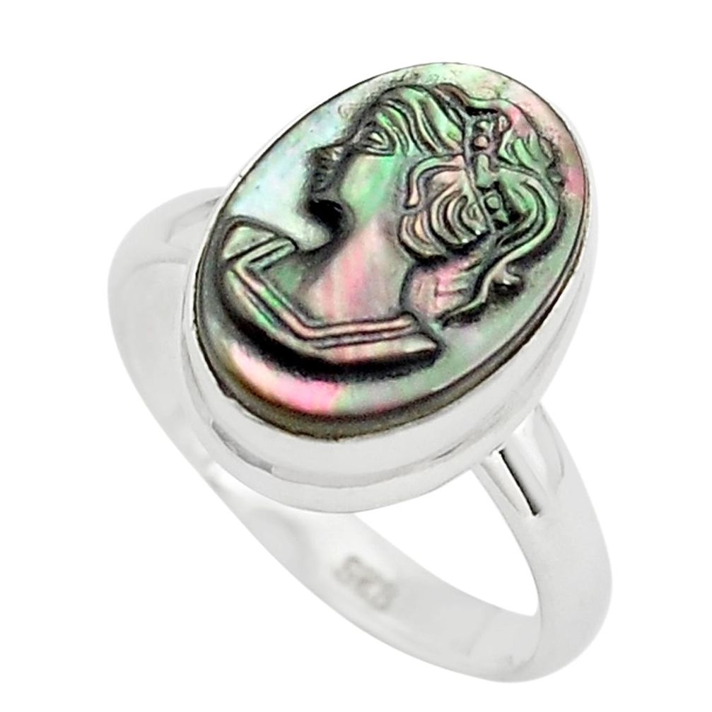 5.96cts lady face natural titanium cameo on shell 925 silver ring size 8 p80176