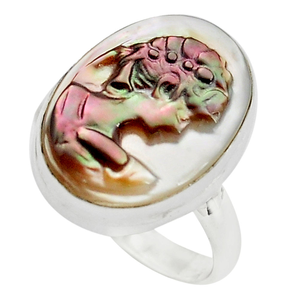 11.74cts lady face natural titanium cameo on shell silver ring size 8.5 p80133