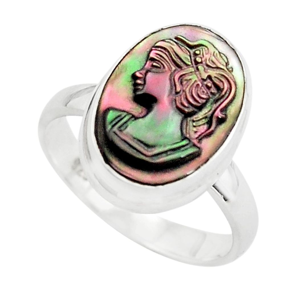 5.64cts lady face natural titanium cameo on shell silver ring size 7.5 p80147