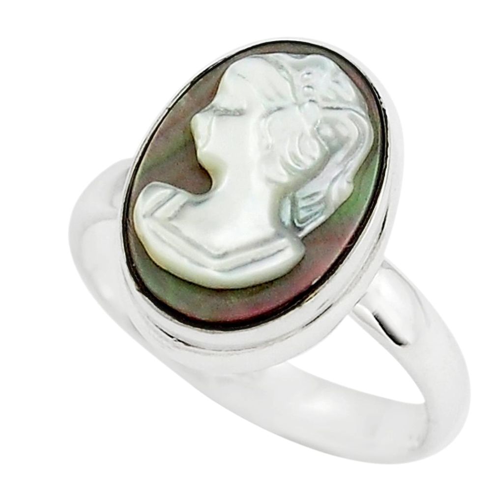 5.96cts lady face natural titanium cameo on shell silver ring size 7.5 p80150