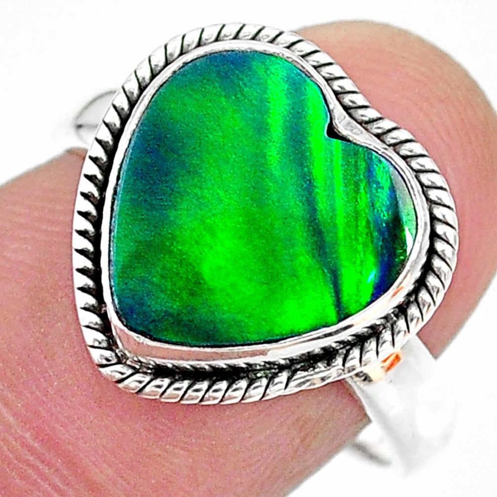 3.98cts (lab) northern lights aurora opal heart silver ring size 8 t23452
