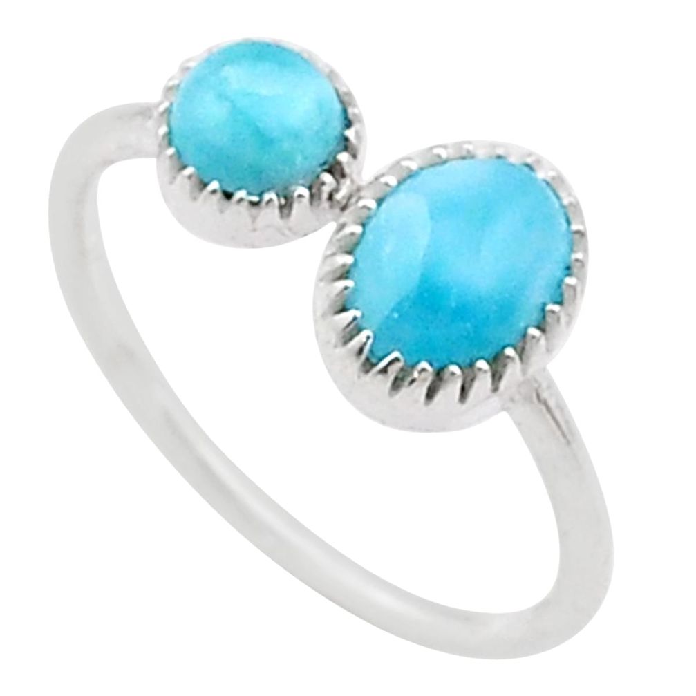 3.05cts 2 stone natural blue larimar 925 sterling silver ring size 9.5 t60521