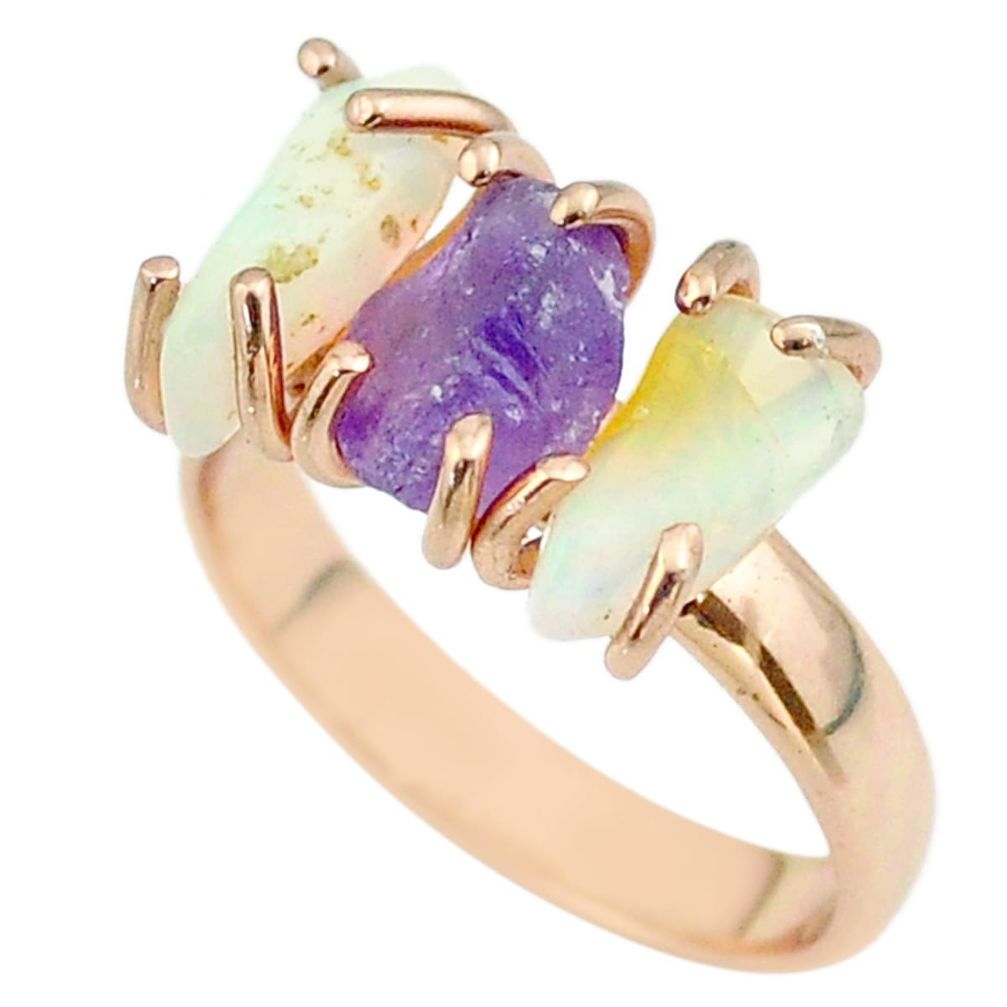 3 stone amethyst ethiopian opal raw 925 silver 14k gold ring size 7 t51234