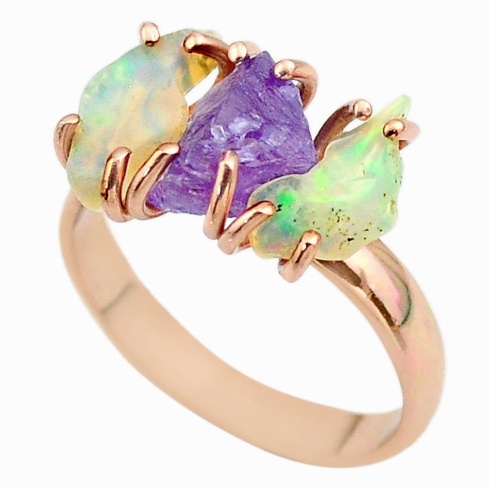 3 stone amethyst ethiopian opal raw 925 silver 14k gold ring size 9 t51221