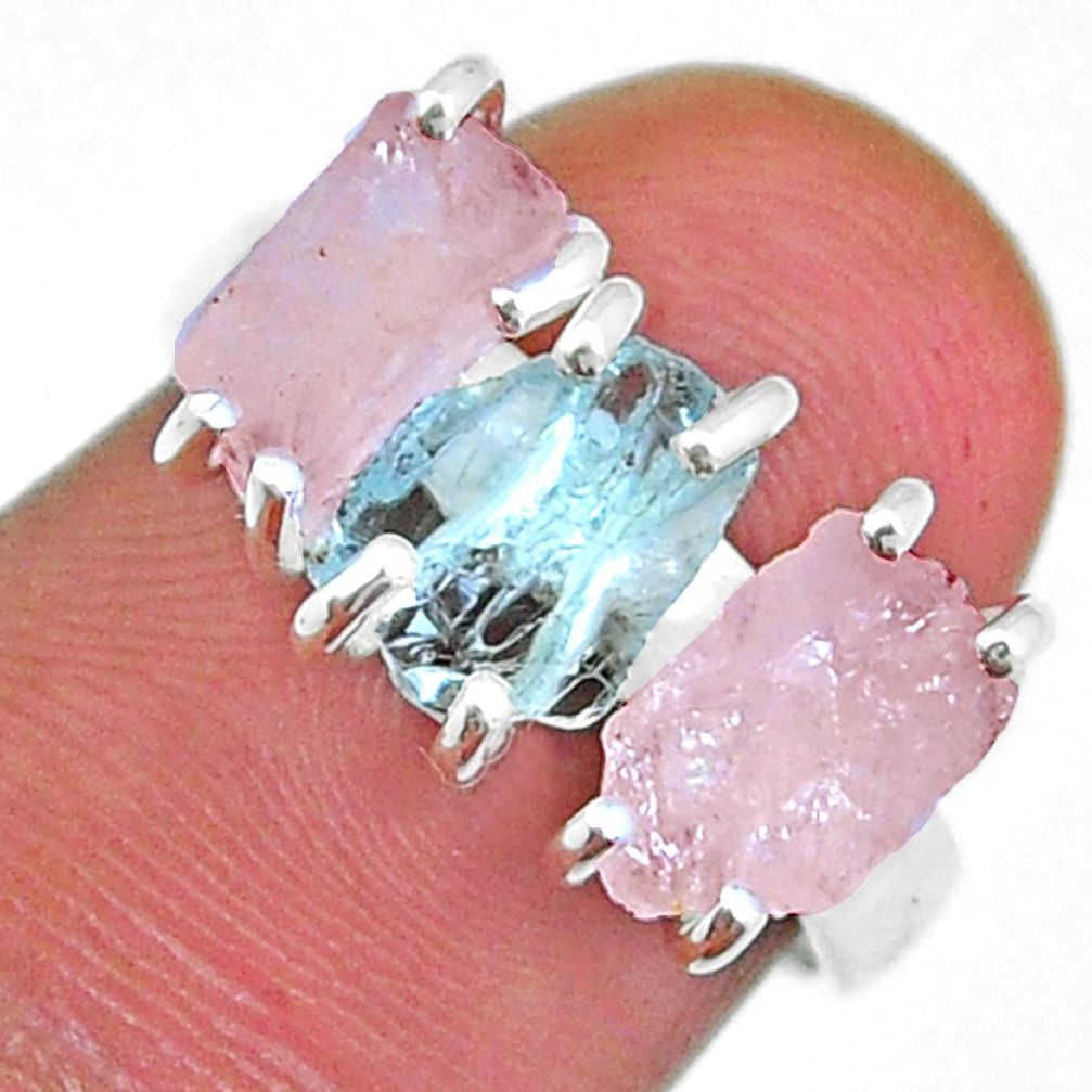 7.54cts 3 stone aquamarine rose quartz rough fancy 925 silver ring size 7 y4510
