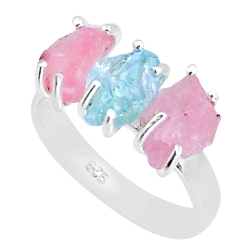 9.00cts 3 stone aquamarine rose quartz rough fancy 925 silver ring size 8 y4439