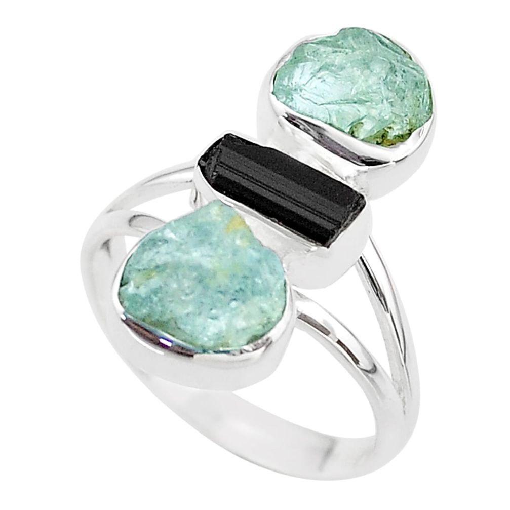 11.23cts 3 stone aquamarine rough tourmaline rough silver ring size 9 t69745