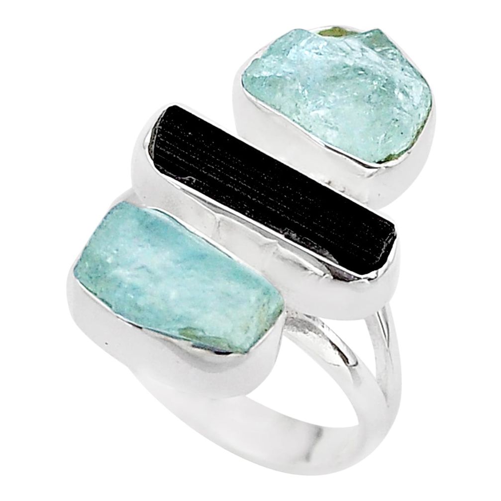 12.83cts 3 stone aquamarine tourmaline rough 925 silver ring size 7 t69744