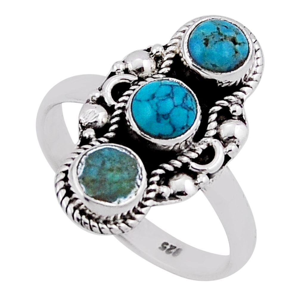 2.19cts 3 stone blue arizona mohave turquoise 925 silver ring size 8.5 n38406