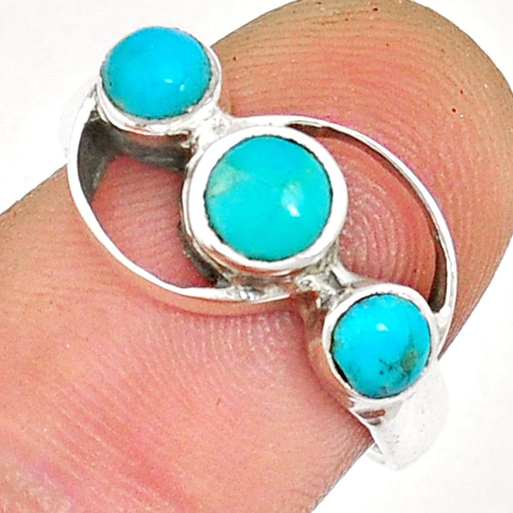 2.30cts 3 stone blue arizona mohave turquoise round silver ring size 7 y13214