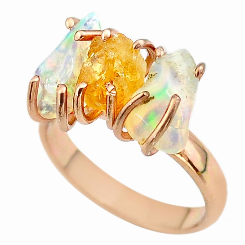 3 stone citrine ethiopian opal raw 925 silver 14k gold ring size 8 t51225