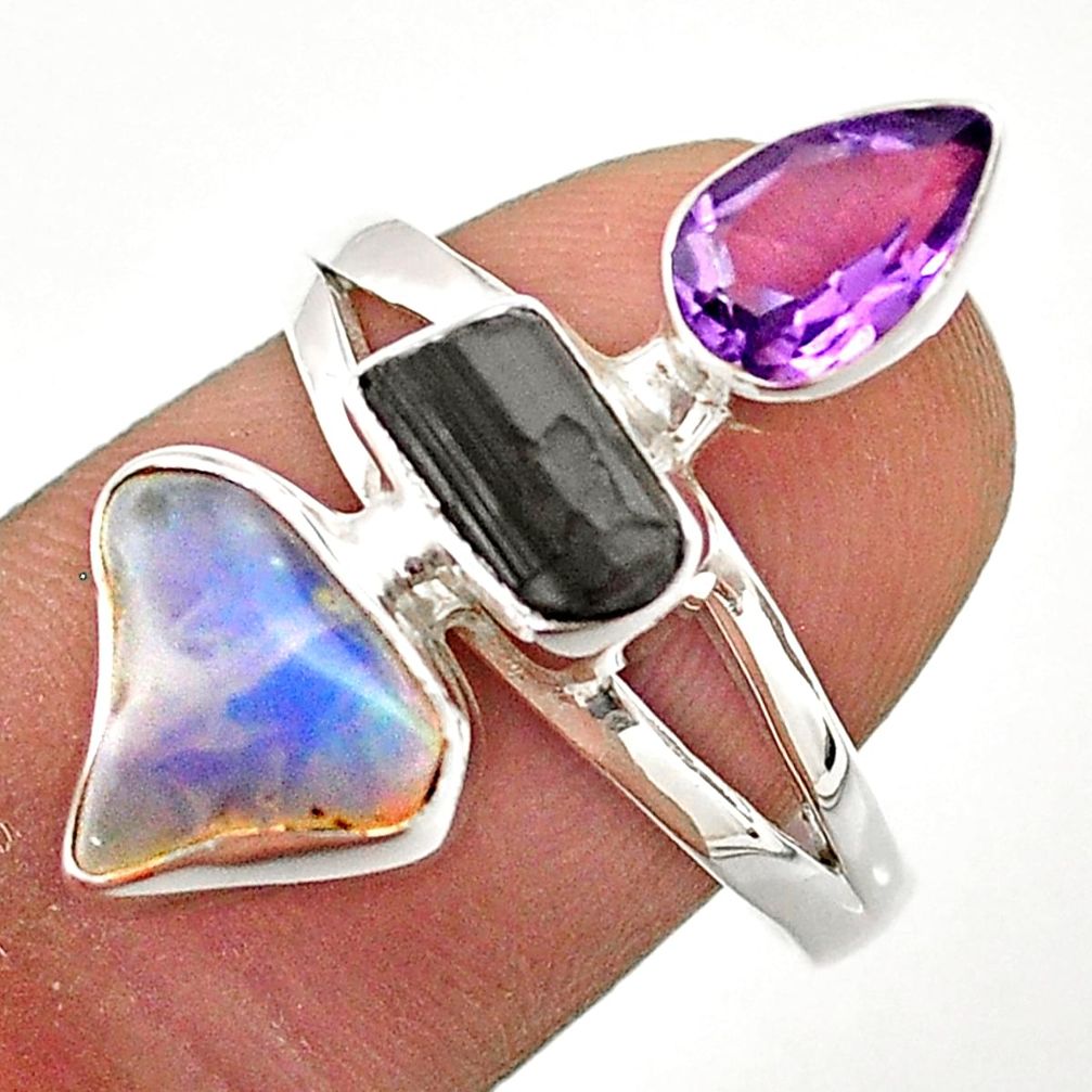 10.02cts 3 stone ethiopian opal tourmaline rough 925 silver ring size 9 t70359