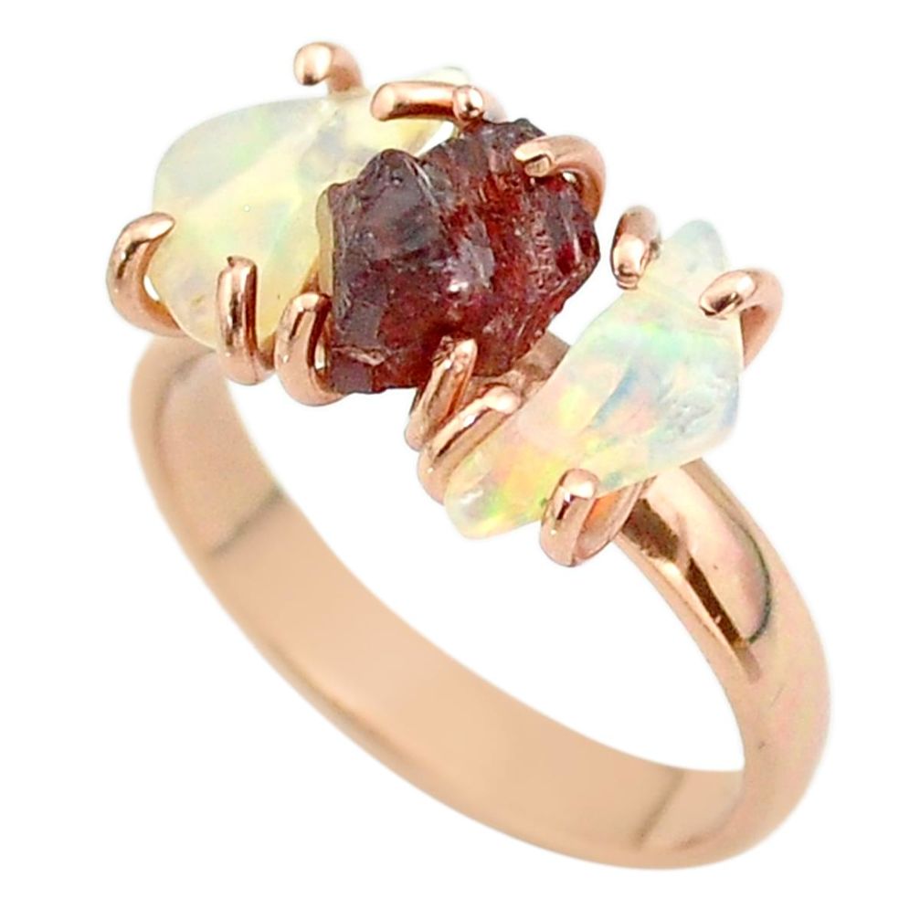 3 stone garnet ethiopian opal raw 925 silver 14k gold ring size 8 t51229