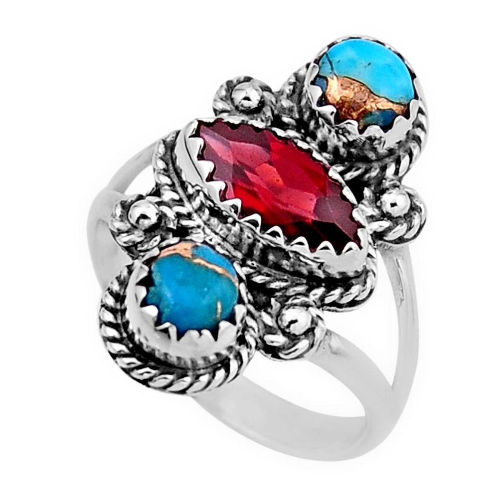 4.02cts 3 stone garnet spiny oyster arizona turquoise silver ring size 6 y44738