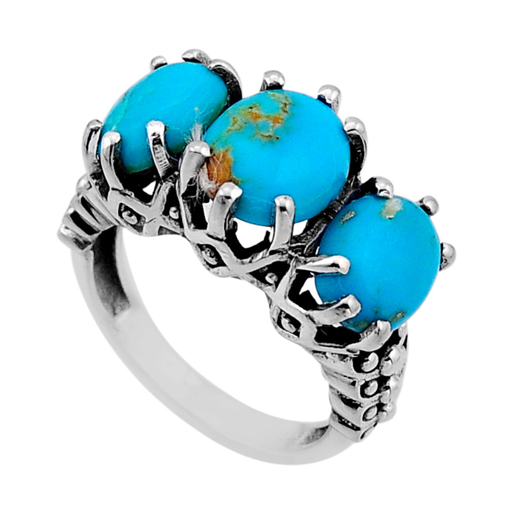 10.54cts 3 stone green arizona mohave turquoise oval silver ring size 7 n52724