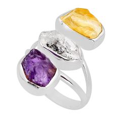 3 stone herkimer diamond amethyst citrine rough 925 silver ring size 7.5 y93883