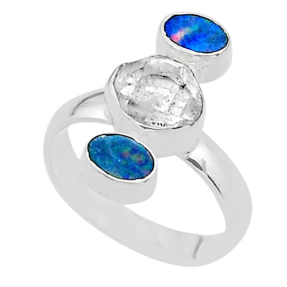 3 stone herkimer diamond doublet opal australian silver ring size 7.5 t49862