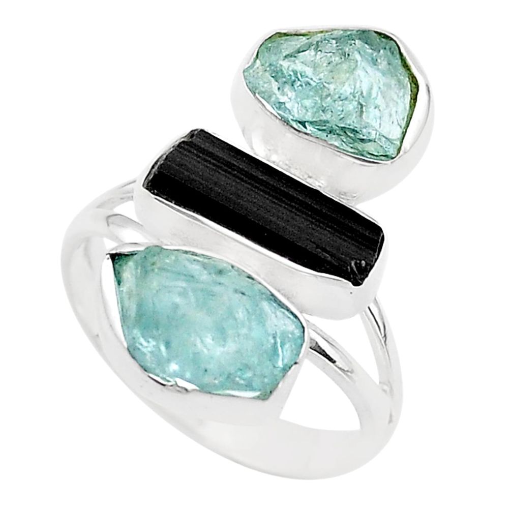 11.44cts 3 stone natural aquamarine tourmaline rough silver ring size 8 t69788
