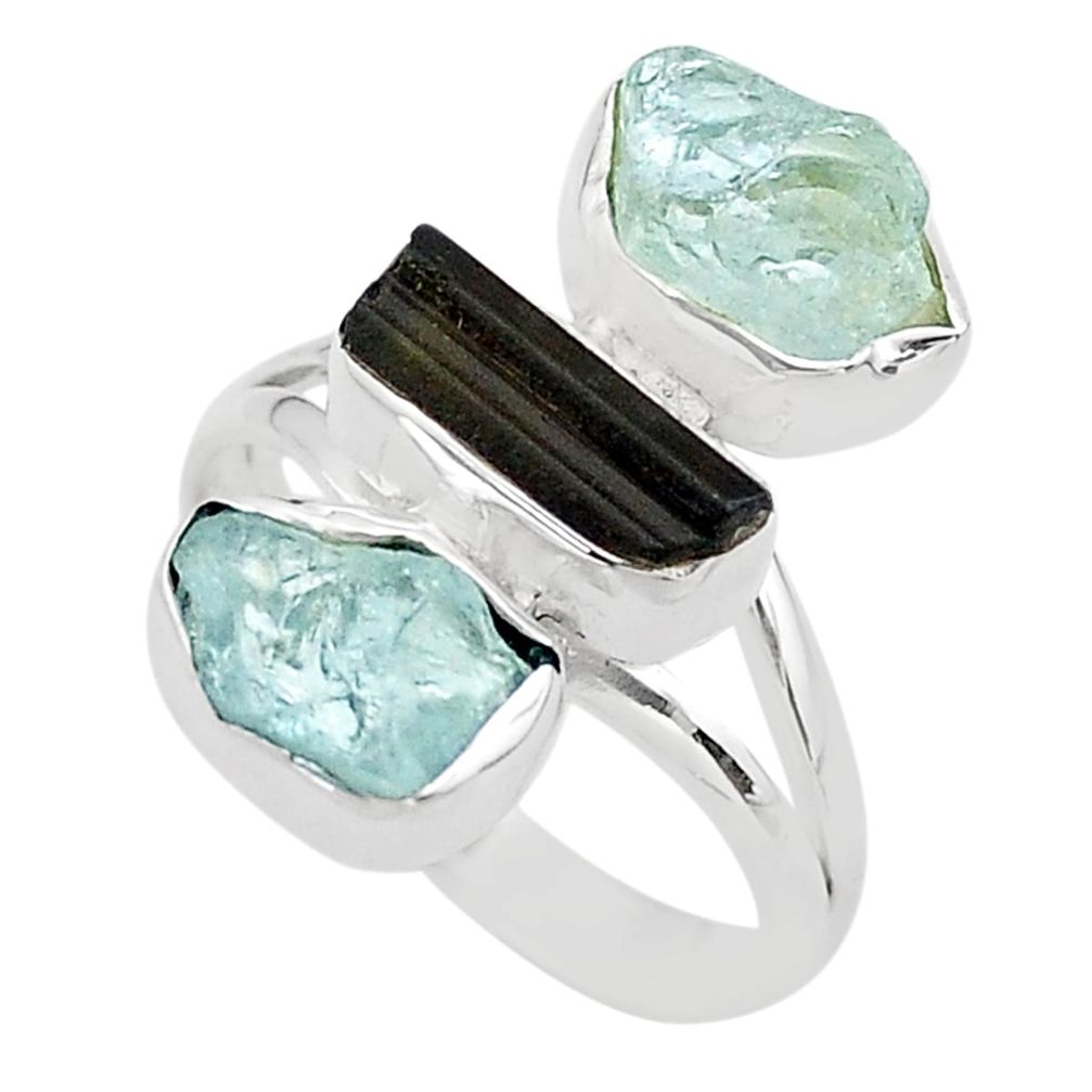 11.19cts 3 stone natural aquamarine tourmaline rough silver ring size 9 t69781