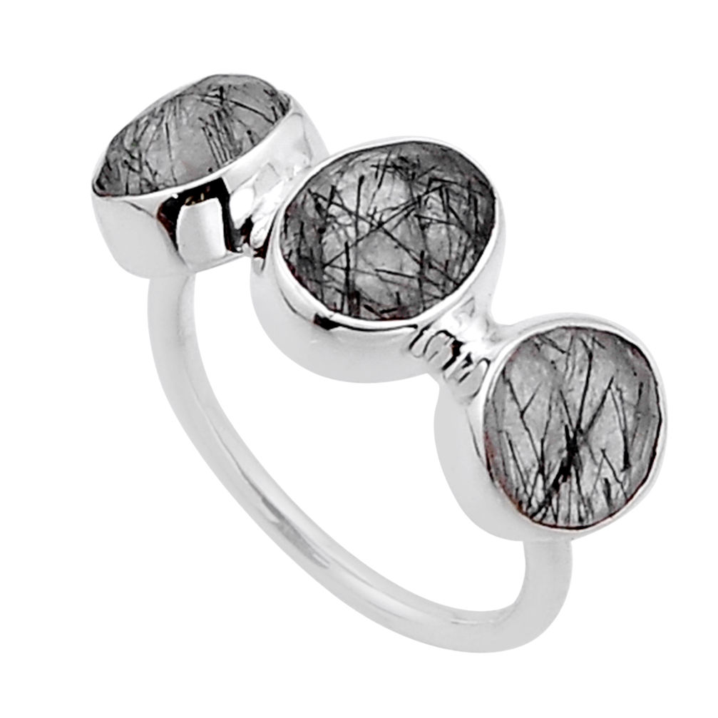 7.66cts 3 stone natural black tourmaline rutile 925 silver ring size 6.5 n52835