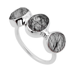 7.66cts 3 stone natural black tourmaline rutile 925 silver ring size 6.5 n52835