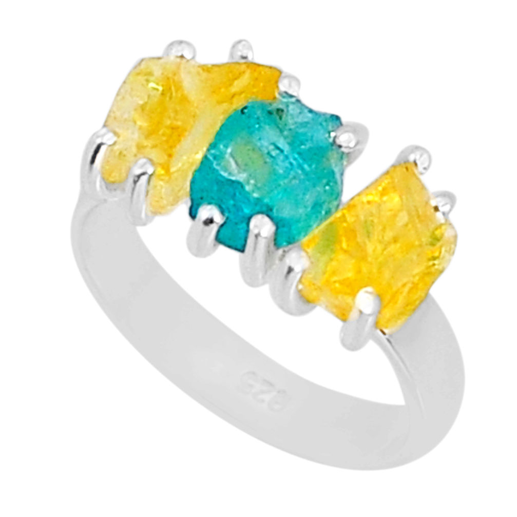 8.87cts 3 stone natural blue apatite citrine rough 925 silver ring size 6 y4457