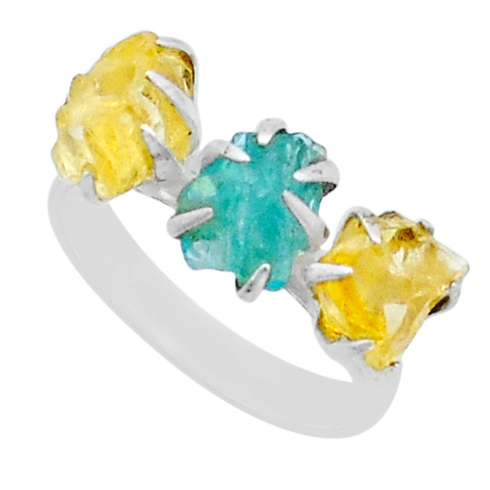 8.43cts 3 stone natural blue apatite citrine rough 925 silver ring size 8 u91346