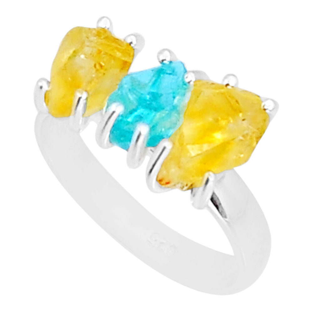 9.37cts 3 stone natural blue apatite citrine rough 925 silver ring size 8 y4429