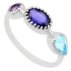 3.43cts 3 stone natural blue iolite amethyst topaz 925 silver ring size 7 t60386
