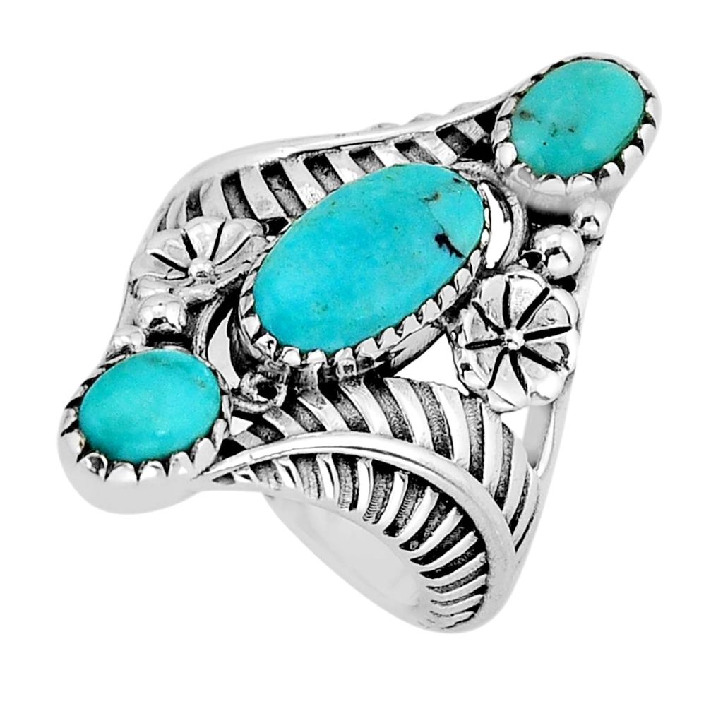 6.94cts 3 stone natural blue kingman turquoise 925 silver ring size 7.5 y80933