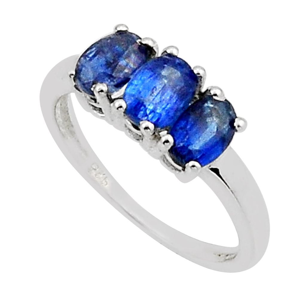 2.89cts 3 stone natural blue kyanite 925 sterling silver ring size 7.5 n11114