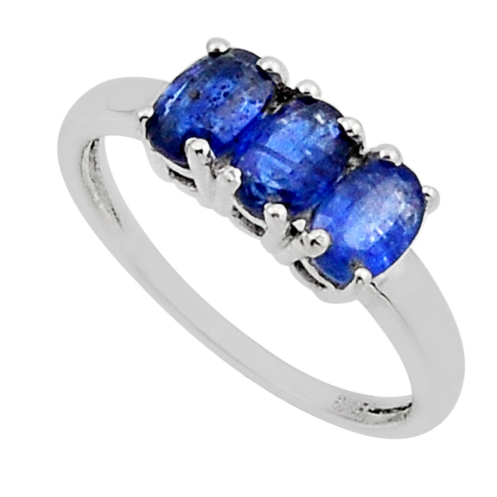 2.89cts 3 stone natural blue kyanite oval sterling silver ring size 8 n11103