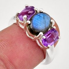 6.40cts 3 stone natural blue labradorite amethyst 925 silver ring size 6 y45856