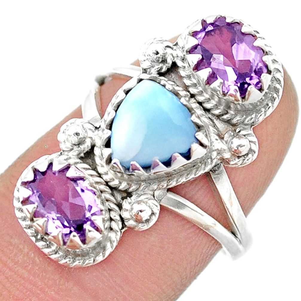 6.04cts 3 stone natural blue larimar amethyst 925 silver ring size 7 u39638