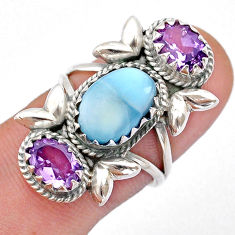 6.15cts 3 stone natural blue larimar amethyst 925 silver ring size 7 u60833