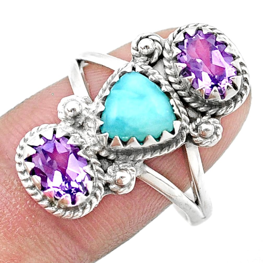6.13cts 3 stone natural blue larimar amethyst 925 silver ring size 9 u39400