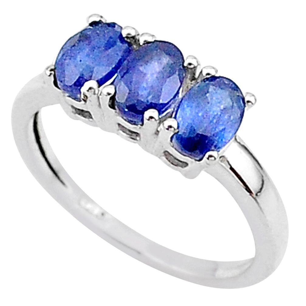 3.01cts 3 stone natural blue sapphire 925 sterling silver ring size 7 t18265