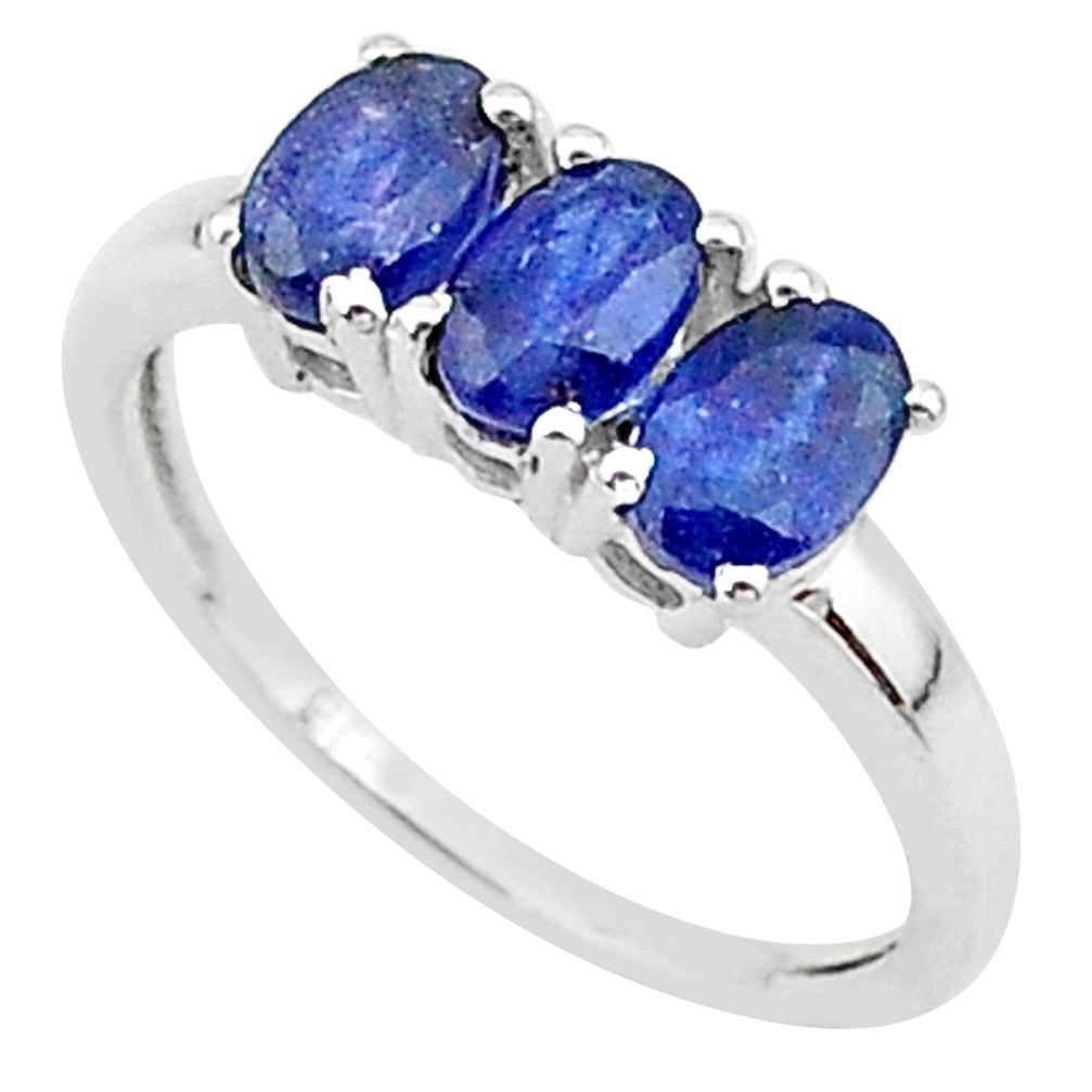 2.82cts 3 stone natural blue sapphire 925 sterling silver ring size 7 t18266