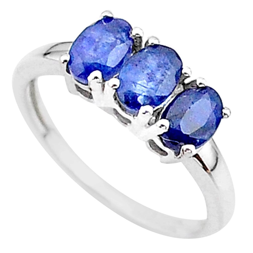 2.95cts 3 stone natural blue sapphire 925 sterling silver ring size 7 t18269