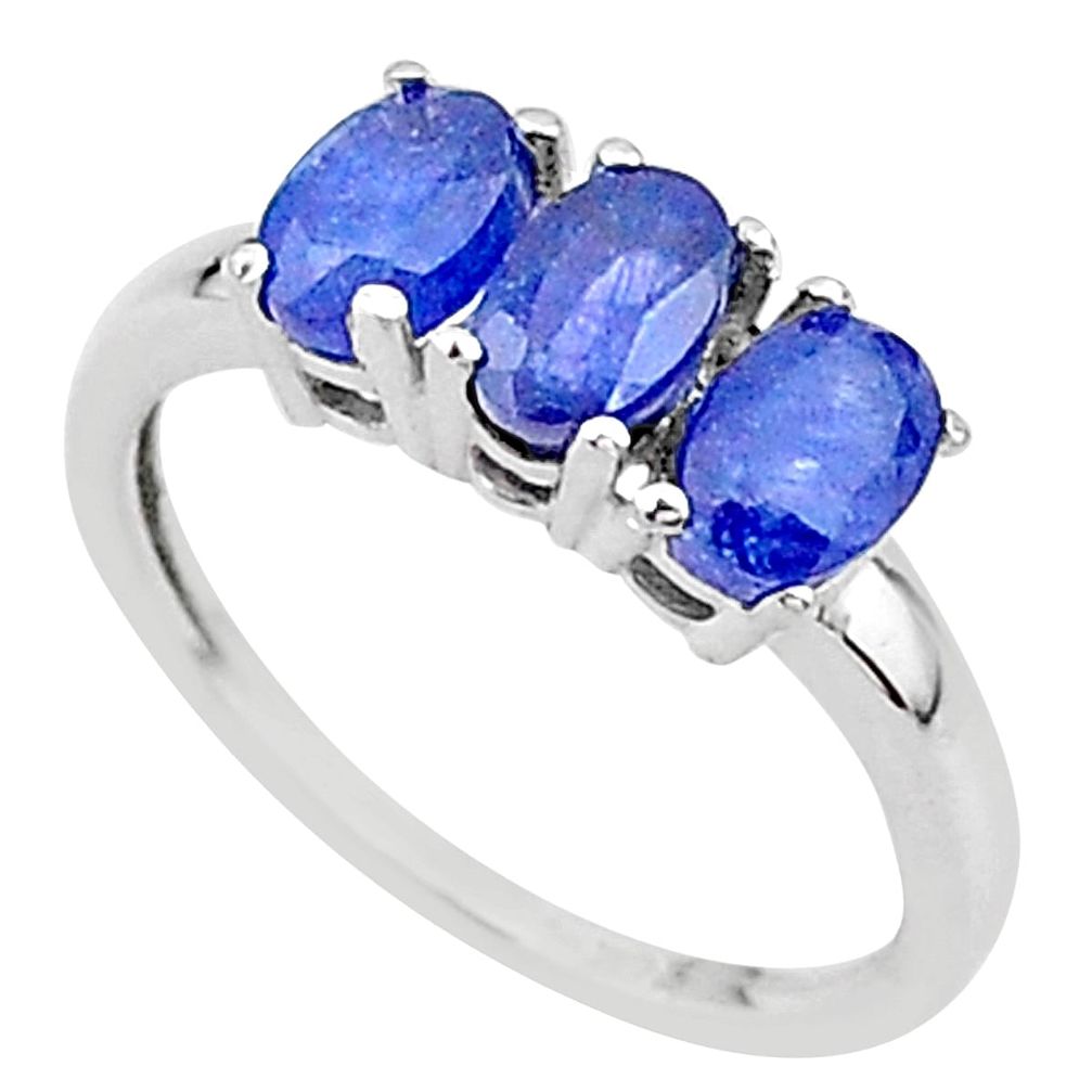 2.88cts 3 stone natural blue sapphire 925 sterling silver ring size 7 t18280