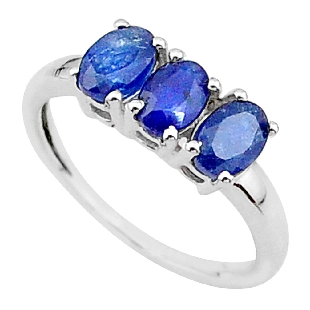 2.33cts 3 stone natural blue sapphire 925 sterling silver ring size 8 t18268