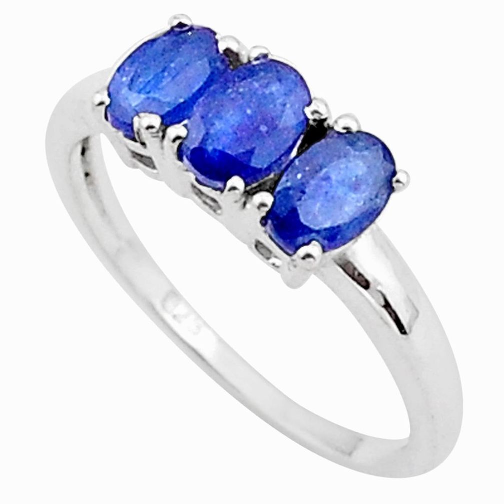 2.81cts 3 stone natural blue sapphire 925 sterling silver ring size 8 t40873
