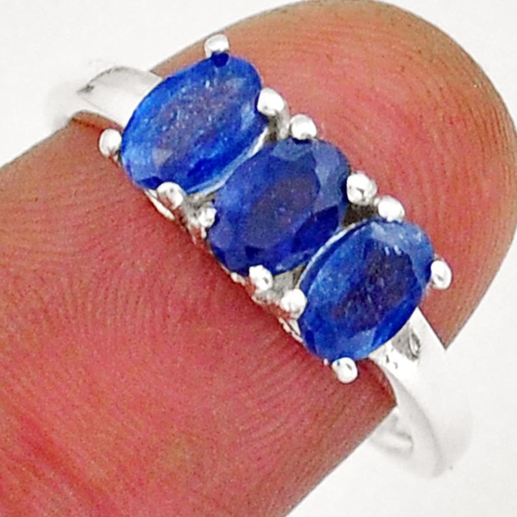2.94cts 3 stone natural blue sapphire 925 sterling silver ring size 8 y18382