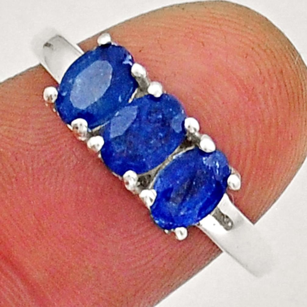 2.90cts 3 stone natural blue sapphire 925 sterling silver ring size 8 y18395
